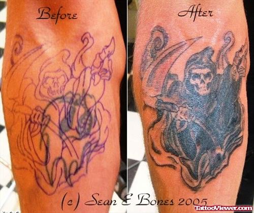 Blue Ink Grim Reaper Tattoo On Arm