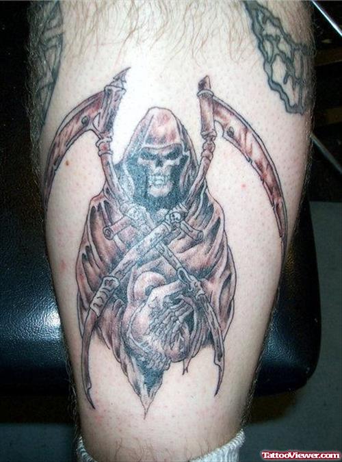 Dreadful Grey Ink Grim Reaper Tattoo On Leg