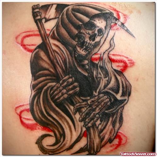 Crazy Grey Ink Grim Reaper Tattoo On Back Body
