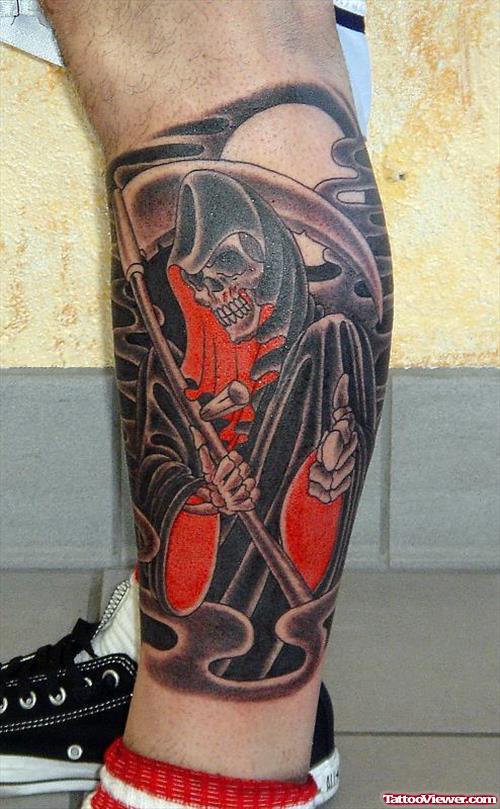 Black Ink Grim Reaper Tattoo On Left Leg