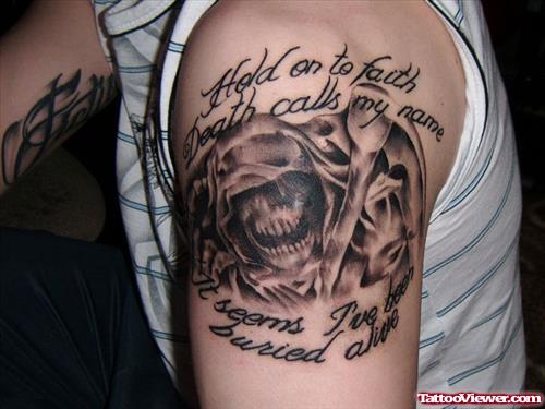 Amazing Grey Ink Grim Reaper Tattoo On Man Left Half Sleeve