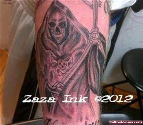 Amazing Grey Ink Grim Reaper Tattoo On Left Sleeve