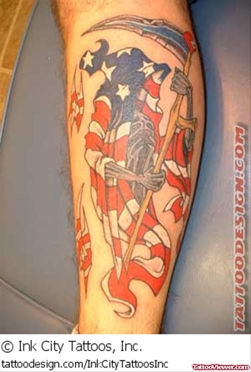 Colored Us Army Grim Reaper Tattoo On Leg