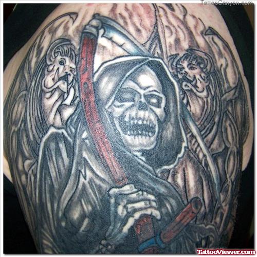 Awesome Grey Ink Grim Reaper Tattoo On Shoulder