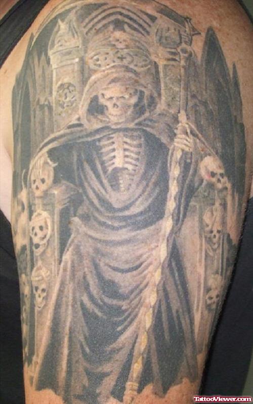 Awesome Grey Ink Grim Reaper Tattoo On Left Half Sleeve
