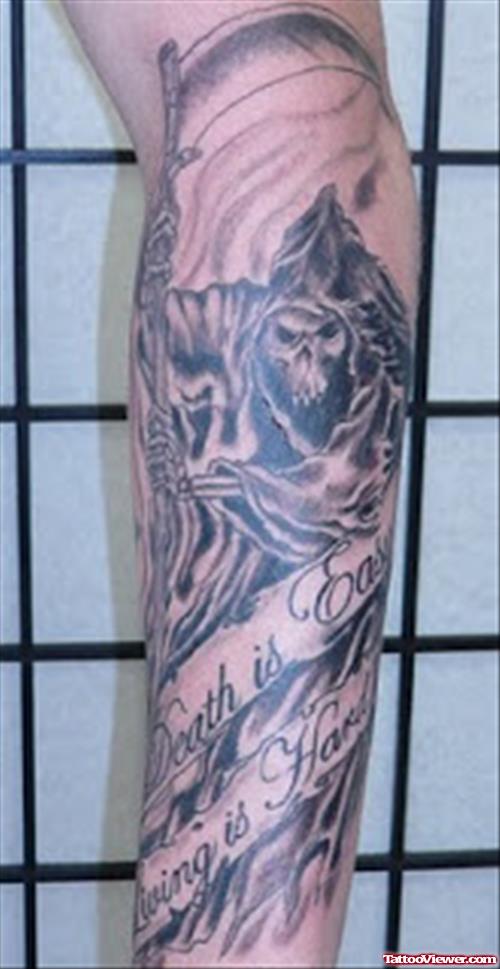 Best Grey Ink Grim Reaper Tattoo On Sleeve