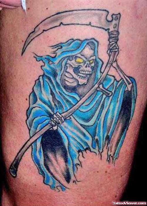 Blue Ink Grim Reaper Tattoo