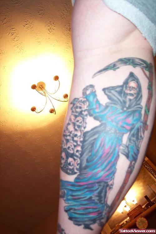 Blue Grim Reaper Tattoo On Leg