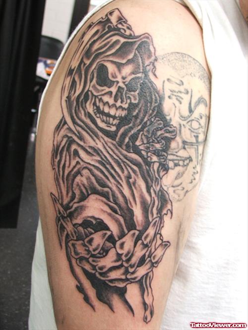 Beautiful Grey Ink Grim Reaper Tattoo On Right Half Sleeve