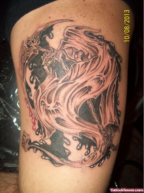 Amazing Grey Ink Grim Reaper Tattoo On Bicep