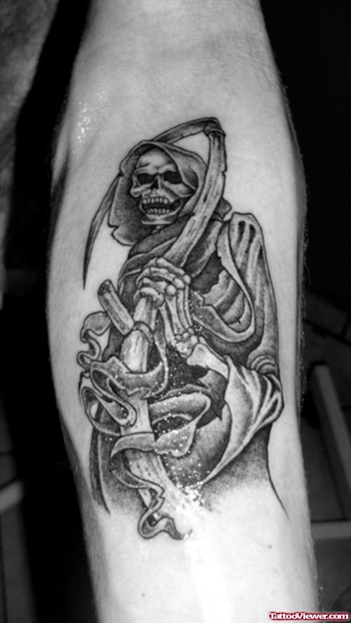 Latest Grey Ink Grim Reaper Tattoo On Sleeve
