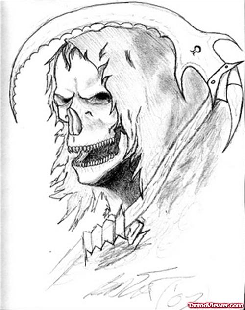 Grey Ink Grim Reaper Skull Head Tattoo Design