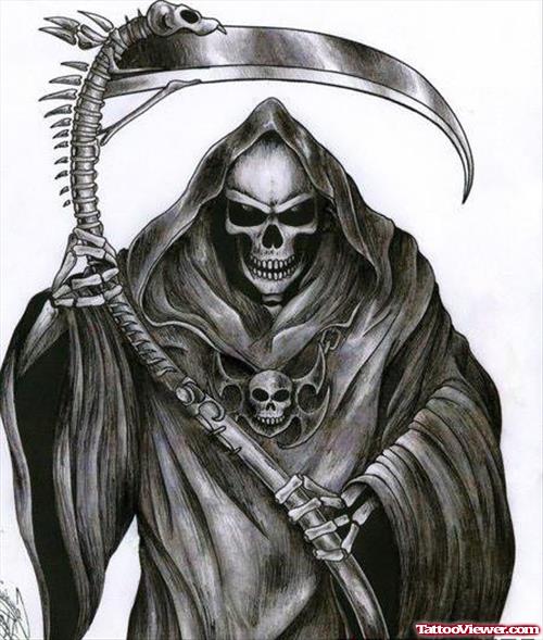Grey and White shade Grim Reaper Tattoo Design