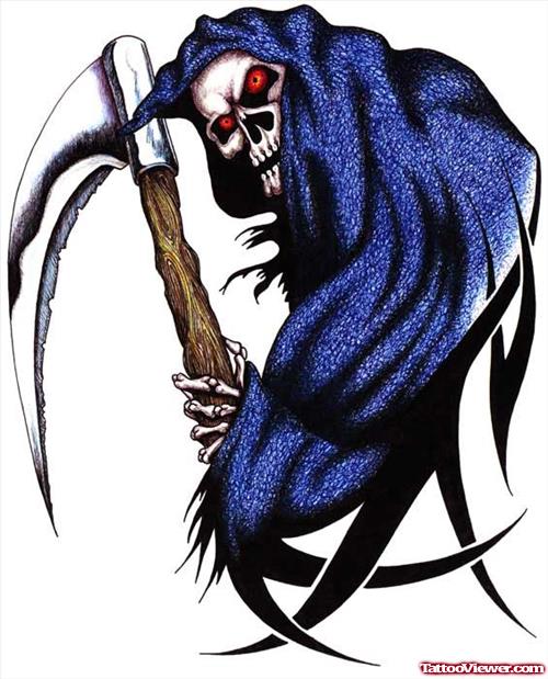 Blue Ink Grim Reaper Tattoo Design