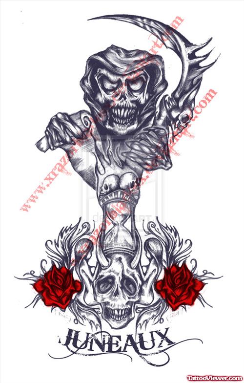Red Flowers And Grim Reaper Tattoo Design