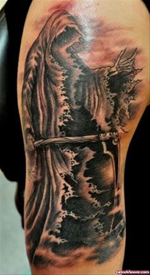 Realistic Grim Reaper Tattoo On Half Sleeve
