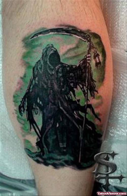Dreadful Black Ink Grim Reaper Tattoo On Leg