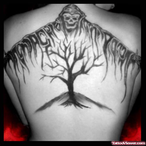 Black Ink Grim Reaper Tattoo On Back