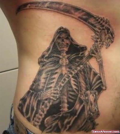 Dark Ink Grim Reaper Tattoo On Back