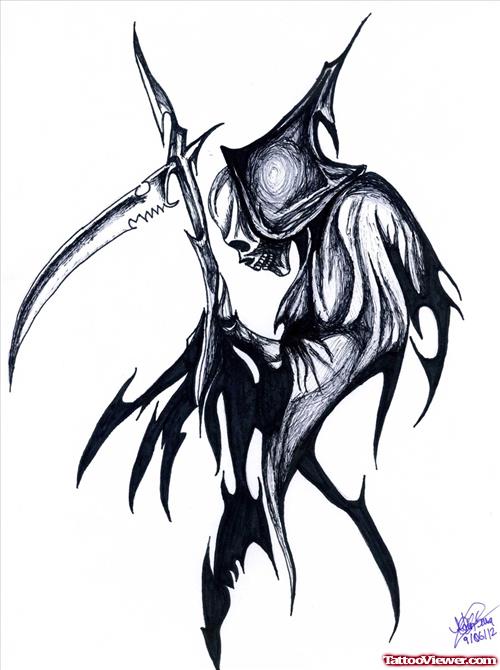 Black Ink Tribal Grim Reaper Tattoo Design
