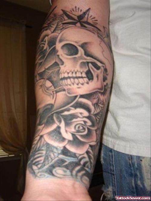 Grey Ink Rose Flower And Grim Reaper Tattoo On Arm