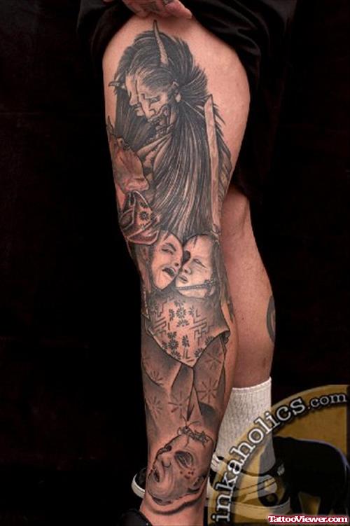 Grey Ink Grim Reaper Tattoo On Leg Sleeve