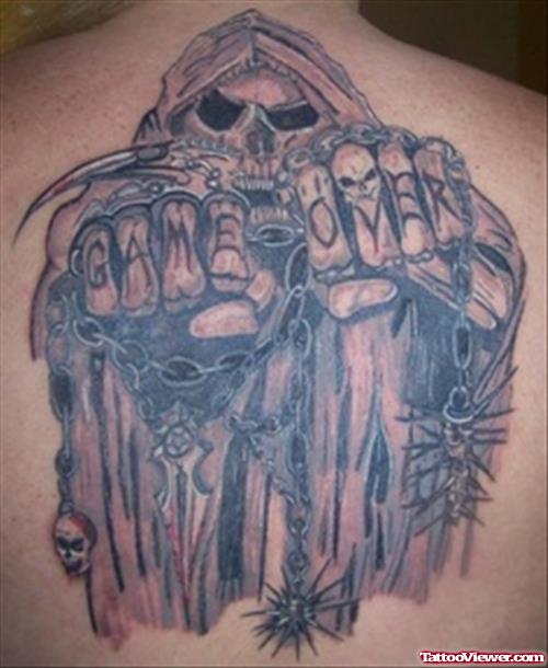 Grey Ink Grim Reaper Tattoo On Back Body