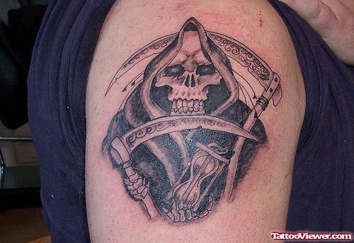 Amazing Grey Ink Grim Reaper Tattoo On Shoulder