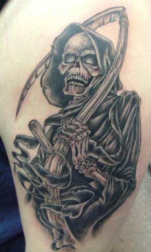 Amazing Grey Ink Grim Reaper Tattoo On Left Arm.