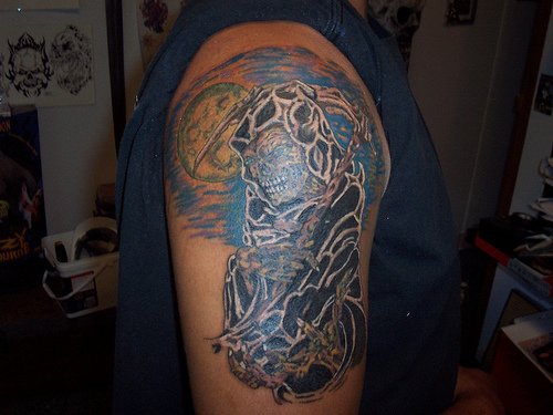 Awesome Right Half Sleeve Grim Reaper Tattoo