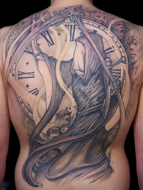 Grey Ink Clock And Grim Reaper Tattoo On Back