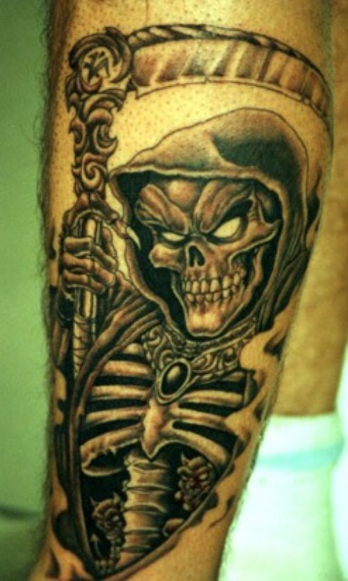 Grey Ink Grim Reaper Tattoo On Left Leg