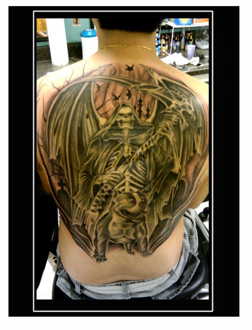 Grey Ink Grim Reaper Tattoo On Man Back
