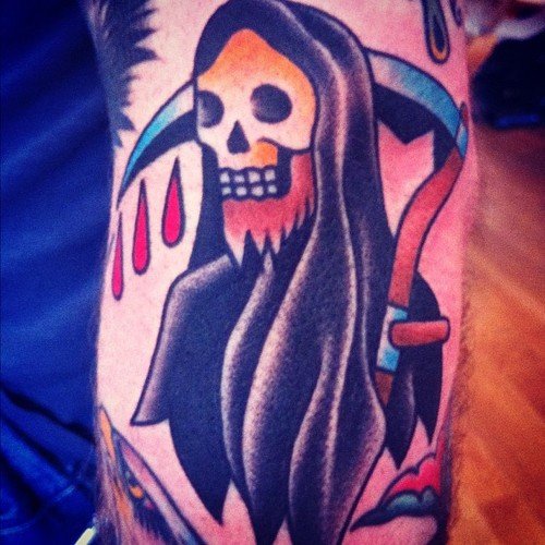 Color Ink Grim Reaper Tattoo On Left Sleeve