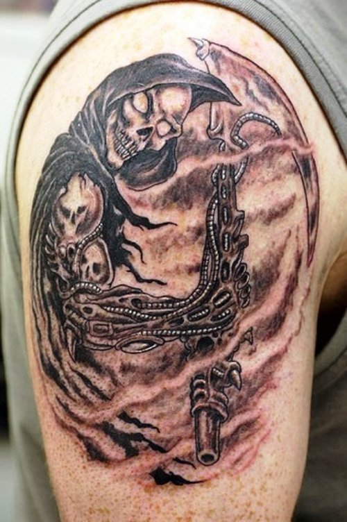 Grey Ink Grim Reaper Tattoo On Right Half Sleeve