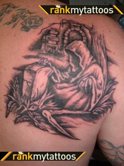 Grey Ink Grim Reaper Tattoo On Back Shoulder