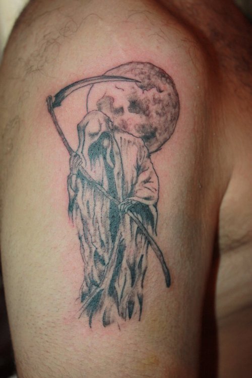 Grey Ink Grim Reaper Tattoo On Right Biceps