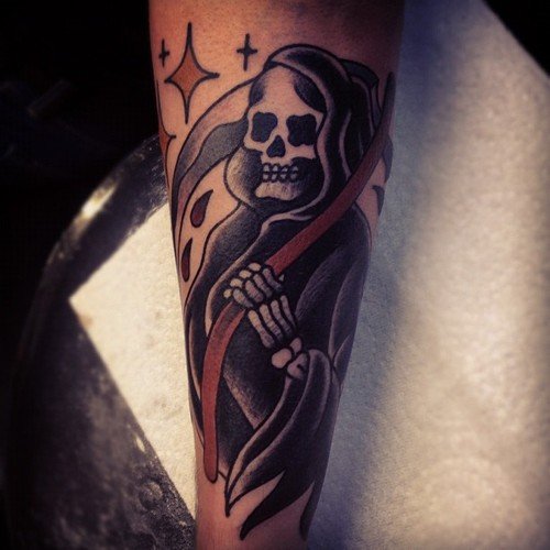 Amazing Black Ink Grim Reaper Tattoo On Leg