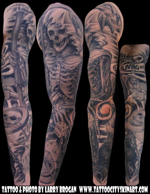 Beautiful Sleeve Grey Ink Grim Reaper Tattoo