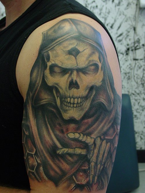 Beautiful Grim Reaper Tattoo On Man Left Half Sleeve