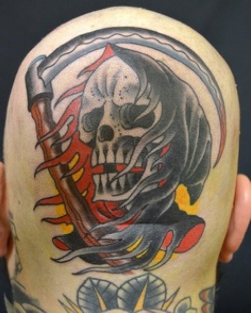 Colored Grim Reaper Tattoo On Head