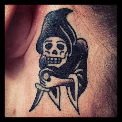 Black Ink Grim Reaper Tattoo Behind Ear