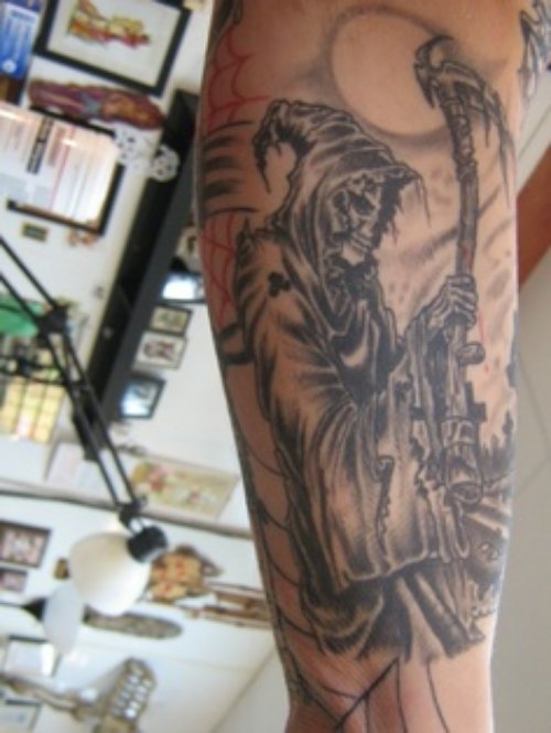 Sleeve Grey Ink Grim Reaper Tattoo