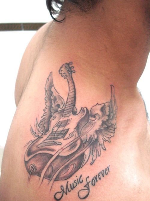 Music Foreever – Winged Guitar Tattoo On Right Back Shoulder