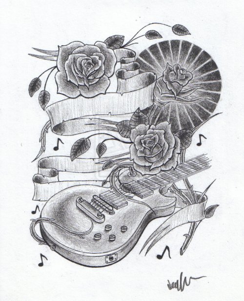Grey Flowers And Guitar Tattoos Design