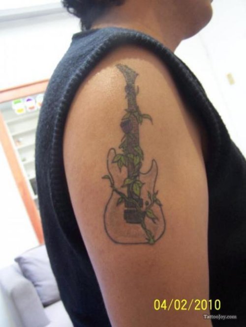 Grey Ink Guitar Tattoo On Right Half Sleeve