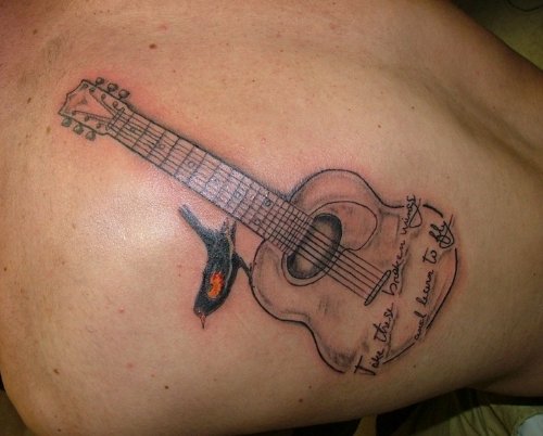 Grey Ink Guitar Tattoo On Man Right Shoulder