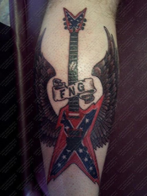 Awesome Color Ink winged Guitar Tattoo On Back Leg