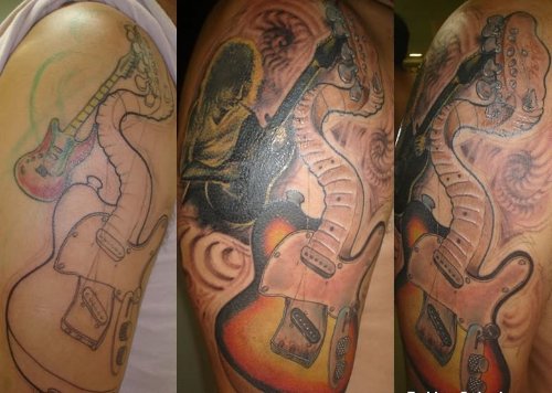 Colored Guitar Tattoo On Shoulder