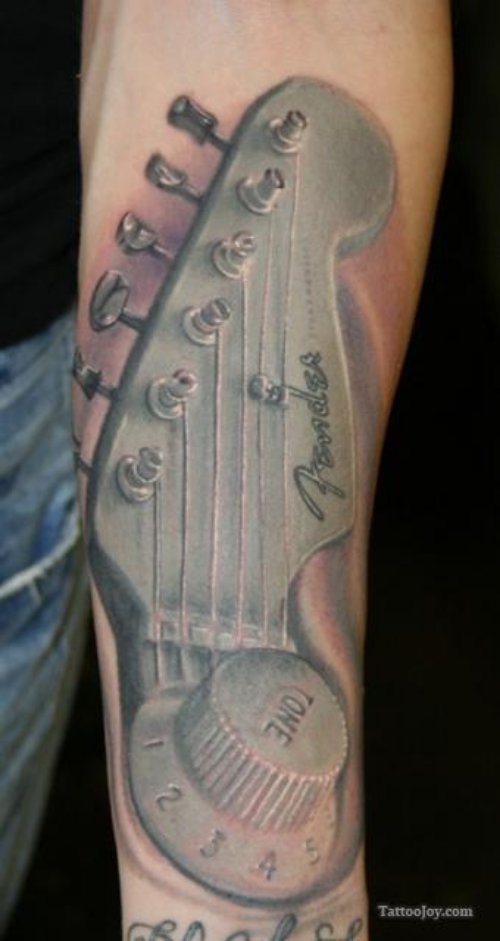 Guitar Tattoo On Man Left Arm